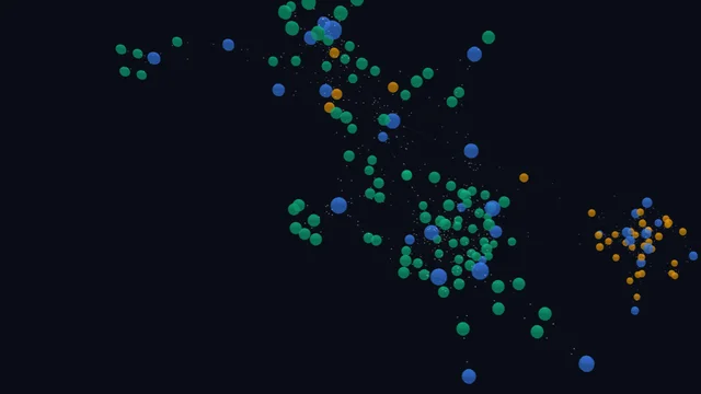 Three-dimensional visualization of the interconnected content network featuring spherical nodes and glowing link particles on a dark background