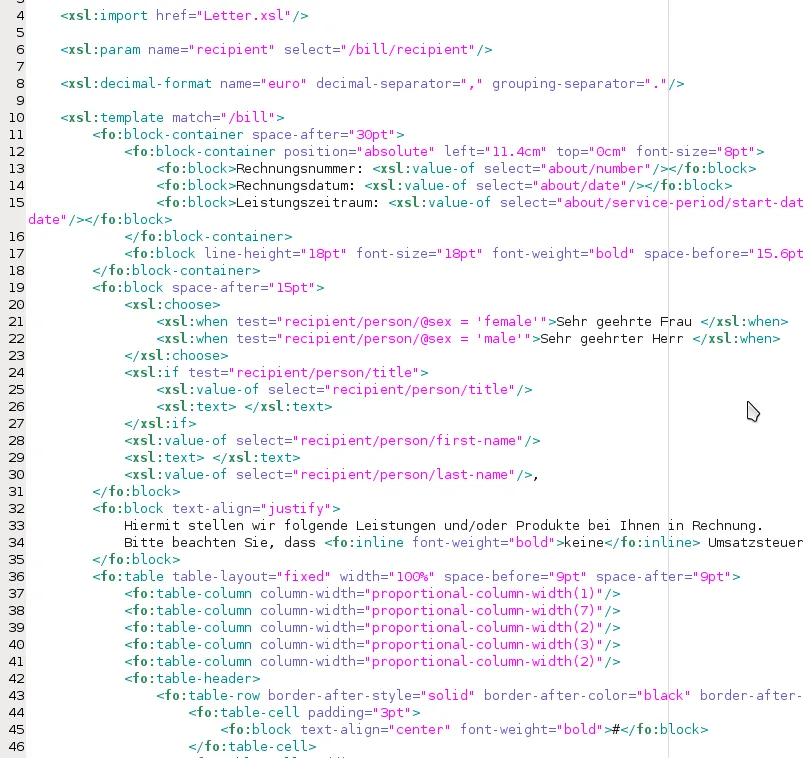 Bill xsl illustration from Business Documents using XSL-FO.