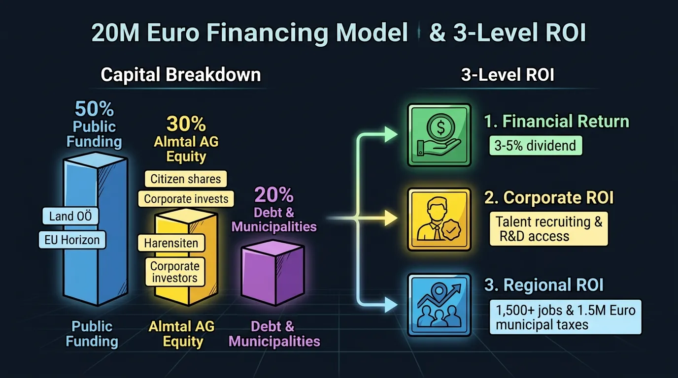 Visualisierung des dreistufigen ROI- und Finanzierungsmodells der Almtal AG zur nachhaltigen Campus-Entwicklung