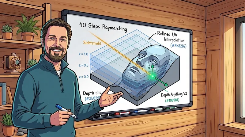 Dr. Georg Hackenberg präsentiert die 3D-Raymarching-Architektur des Parallax Occlusion Mappings am Whiteboard im Almtal Home Office