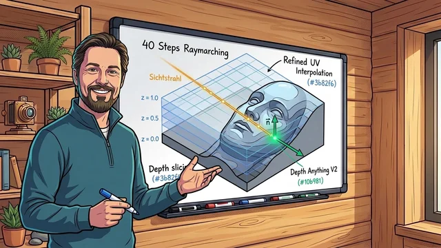 Dr. Georg Hackenberg präsentiert die 3D-Raymarching-Architektur des Parallax Occlusion Mappings am Whiteboard im Almtal Home Office