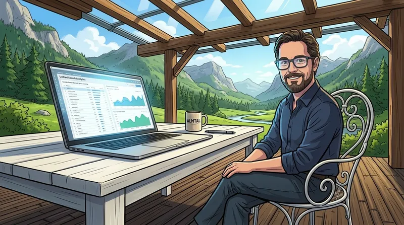 Dr. Georg Hackenberg analysiert vereinte Such- und Engagement-Metriken im Freien auf der Holzterrasse in Grünau im Almtal