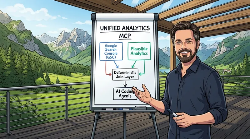 Dr. Georg Hackenberg präsentiert die Architektur des Unified Analytics MCP Servers am Flipchart auf der Holzterrasse in Grünau im Almtal