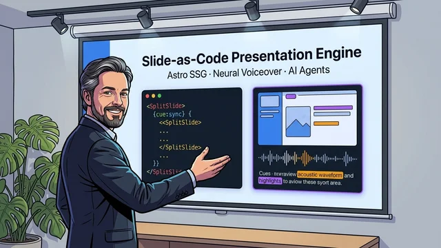 Präsentation der interaktiven Slide-as-Code Engine mit Neural-Voiceover vor der beamergestützten Leinwand am FH OÖ Campus Wels