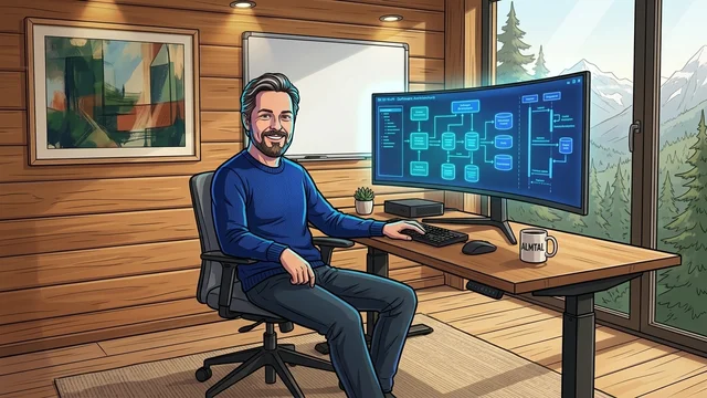 Dr. Georg Hackenberg am höhenverstellbaren Massivholz-Schreibtisch vor dem Ultrawide-Monitor mit Blick auf die Almtaler Berglandschaft