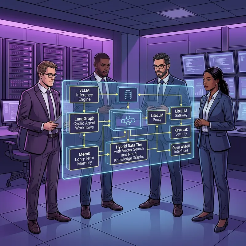 Eine detaillierte ingenieurwissenschaftliche Analyse unseres standardisierten Open-Source KI-Tech-Stacks: vLLM, Hermes Agent, Google WikiSkills, LangGraph, Mem0, PostgreSQL/Qdrant + Neo4j, LiteLLM Proxy, Keycloak und Open WebUI.
