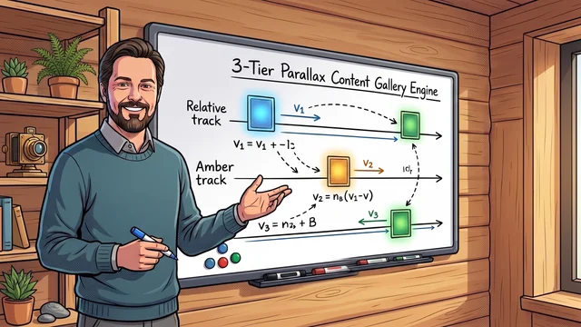 How we engineered a living 3-tier parallax content gallery in Astro and TypeScript featuring optical motion kinematics, zero on-screen duplication, and a two-factor probabilistic selection engine powered by localStorage LRU history tracking.