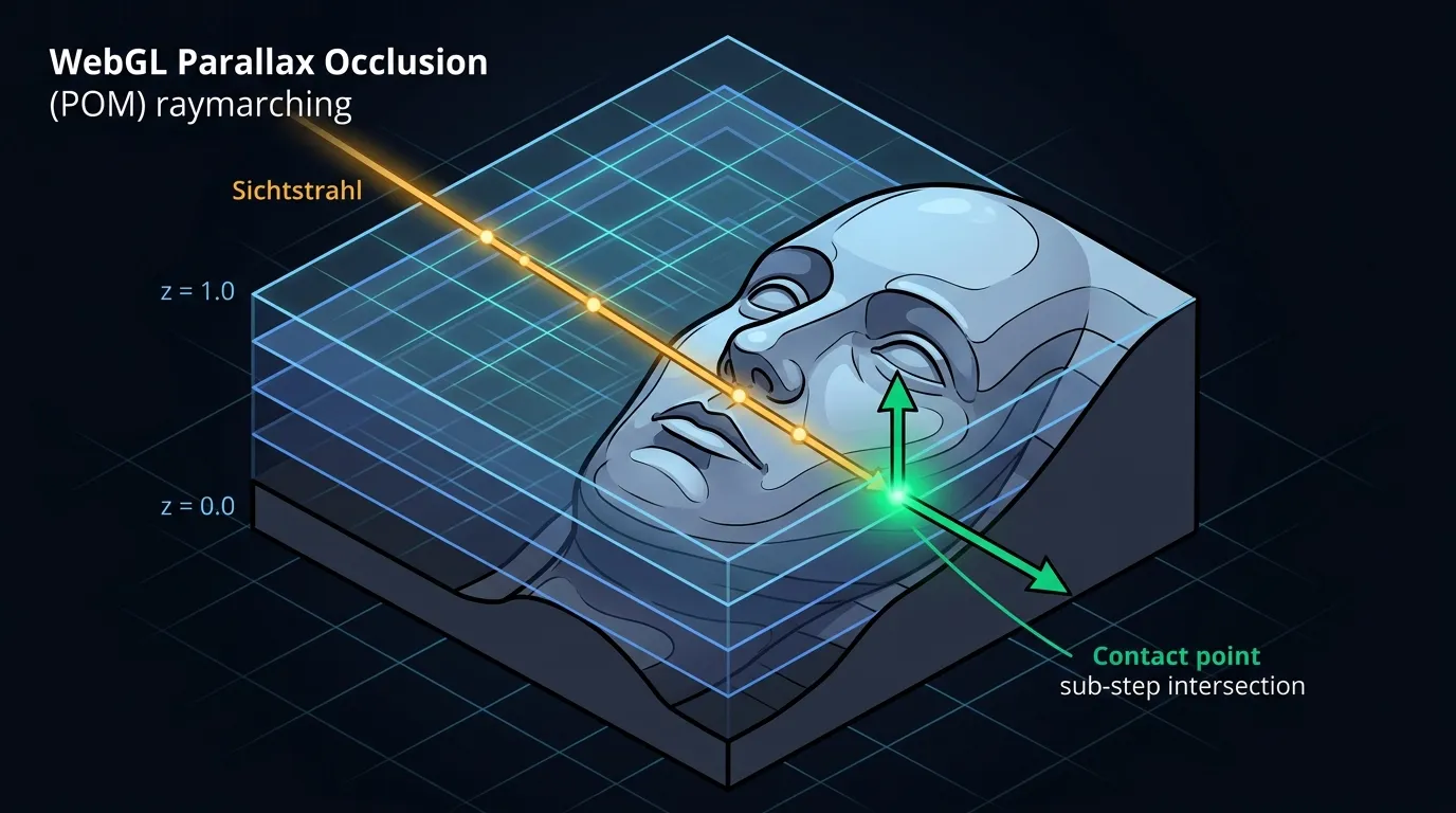 Technische 3D-Illustration des WebGL POM Raymarchings durch Z-Schichten mit Schnittpunkt und Oberflächennormale