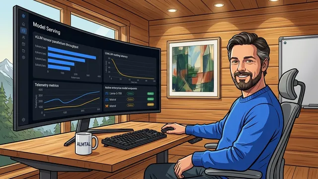 Model Serving im Almtal Home Office Dr. Georg Hackenberg überwacht vLLM-Inferenzdurchsatz und LiteLLM-Latenzen auf dem Ultrawide-Display im Almtal Arbeitszimmer