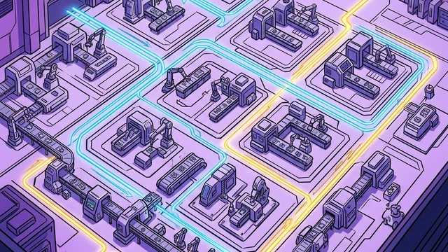 Isometrische Darstellung einer automatisierten Fertigungshalle mit Roboterzellen, Förderbändern und optimierten Materialfluss-Pfaden