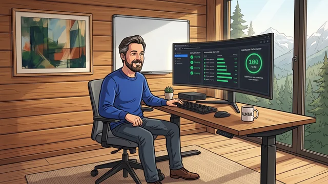 Dr. Georg Hackenberg überwacht am Breitbildmonitor im Home Office Almtal automatisierte GitHub-Actions-Pipelines mit 100/100 Lighthouse-Score