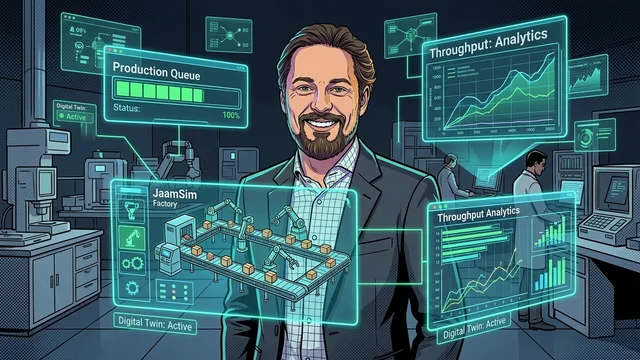 Dr. Georg Hackenberg im industriellen Smart Factory Labor mit holografischen Anzeigen für JaamSim-Ablaufsimulationen und Produktionsanalysen