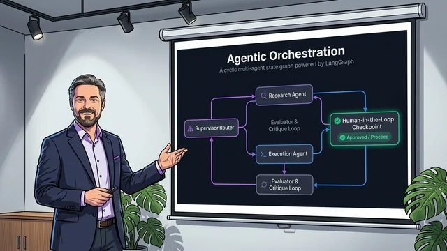 Dr. Georg Hackenberg präsentiert die zyklische Multi-Agenten-Architektur mit Supervisor Router und Human-in-the-Loop-Checkpoints