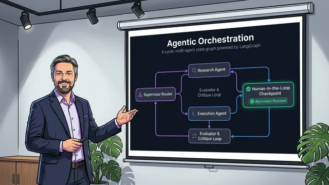 Präsentation: Agentic Orchestration mit LangGraph Dr. Georg Hackenberg präsentiert die zyklische Multi-Agenten-Architektur mit Supervisor Router und Human-in-the-Loop-Checkpoints