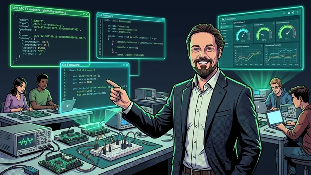 Dr. Georg Hackenberg demonstriert C#-Firmware, Live-MQTT-Telemetriedaten und ThingsBoard-Dashboards im Elektronik- und Sensoriklabor