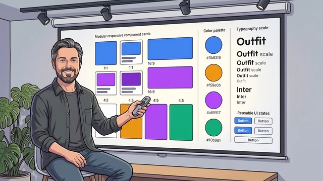Dr. Georg Hackenberg präsentiert Design-Tokens, Farbpaletten, Typografieskalen und modulare UI-Komponenten auf einer Leinwand
