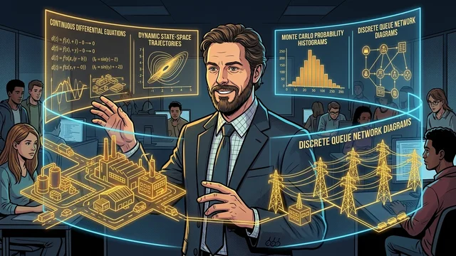 Dr. Georg Hackenberg demonstriert kontinuierliche Zustandsraumtrajektorien, Monte-Carlo-Histogramme und Stromnetzmodelle auf einem holografischen Zylinderdisplay