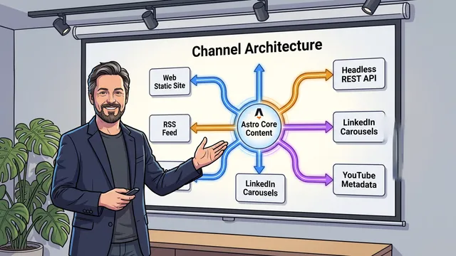 Dr. Georg Hackenberg erläutert das Hub-and-Spoke-Syndikationsmodell von Astro Core Content zu Web, RSS, LinkedIn und Headless-APIs