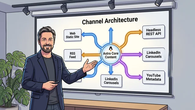 Dr. Georg Hackenberg erläutert das Hub-and-Spoke-Syndikationsmodell von Astro Core Content zu Web, RSS, LinkedIn und Headless-APIs