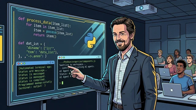 Dr. Georg Hackenberg erklärt modulare Python-Funktionen und automatisierte Konsolenausgaben an einem digitalen Großdisplay vor Studierenden