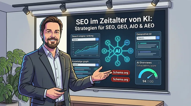 Fachvortrag über Generative Engine Optimization, Wissensgraphen und KI-Antwortsysteme vor der beamergestützten Präsentationswand am FH OÖ Campus Wels