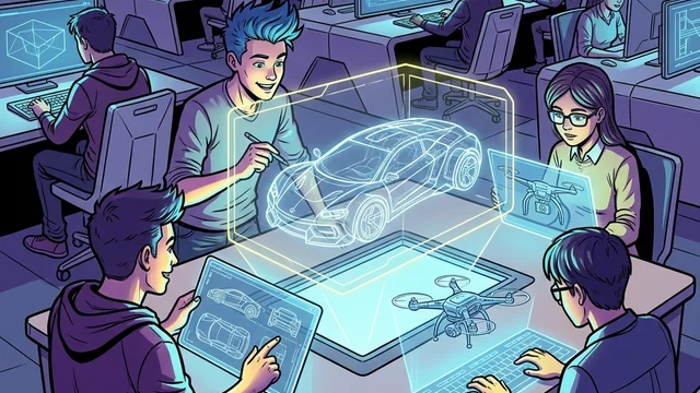 Studierende konstruieren gemeinsam Fahrzeug- und Drohnenmodelle an einem interaktiven holografischen CAD-Arbeitstisch