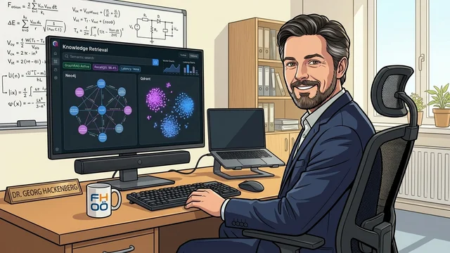 Dr. Georg Hackenberg demonstriert hybride Vektorsuche und Neo4j-Wissensgraphen an der Workstation im Campus Office Wels