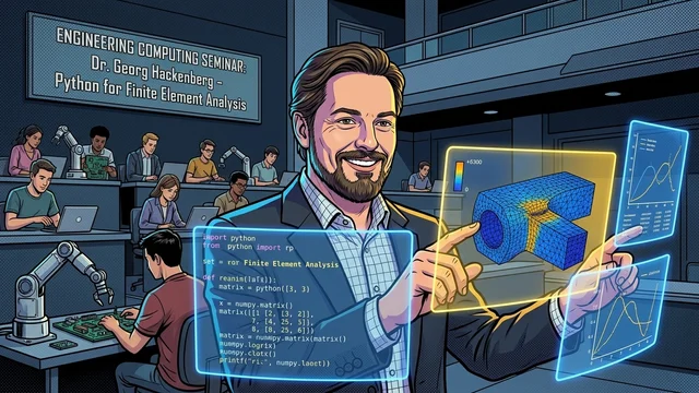 Dr. Georg Hackenberg erläutert numerische Finite-Elemente-Berechnungen mit Python anhand dreidimensionaler Spannungsmodelle im Hörsaal
