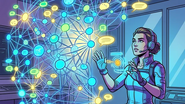 Spezialistin navigiert gestenbasiert durch einen dreidimensionalen holografischen Wissensgraphen mit vernetzten Informationsknoten