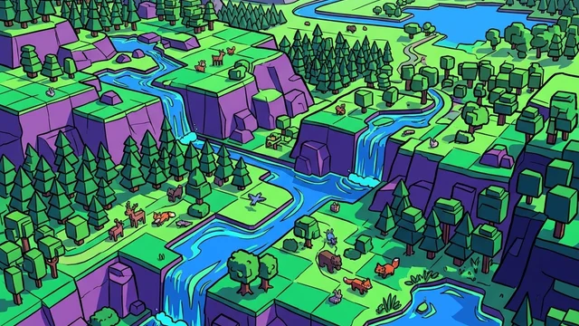 Isometrische Low-Poly-Landschaft mit kaskadierenden Wasserfällen, terrassierten Hochebenen, Nadelwäldern und Wildtieren