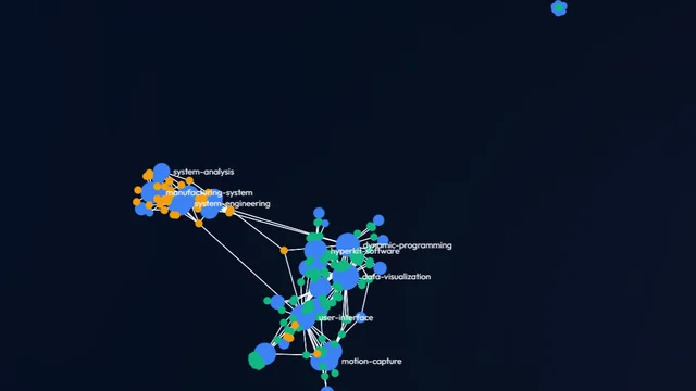 Large-scale network graph layout with organically distributed content clusters and delicate edges rendered on a dark background