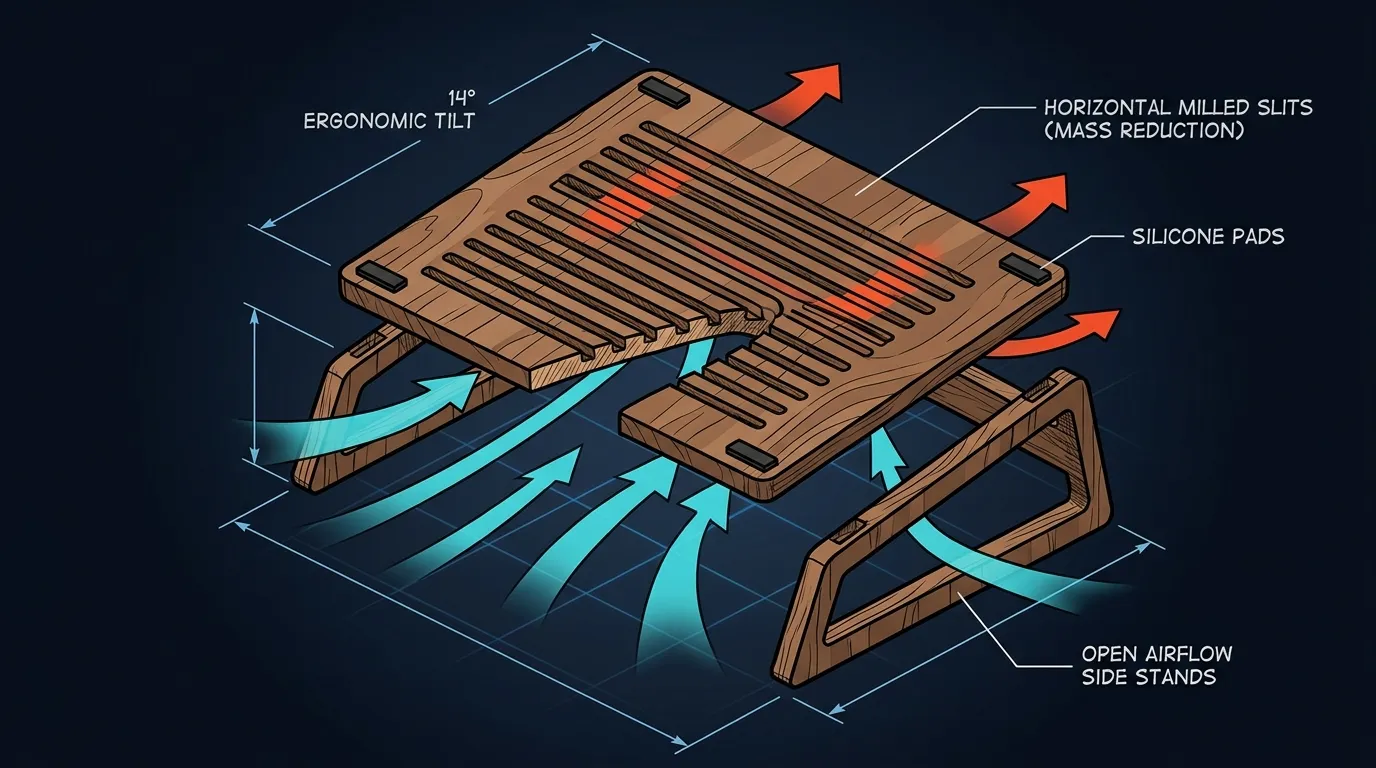 Technische CAD-Zeichnung und Strömungsgeometrie des Holz-Laptopständers