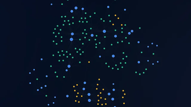 Two-dimensional node network with dynamic data clusters and fine interconnecting edges rendered on a dark background