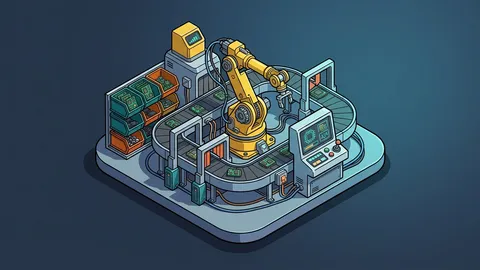 Orthogonal schematic of a modular manufacturing cell with input feeder conveyor, automated robotic processing station, and pallet buffer sorting gate