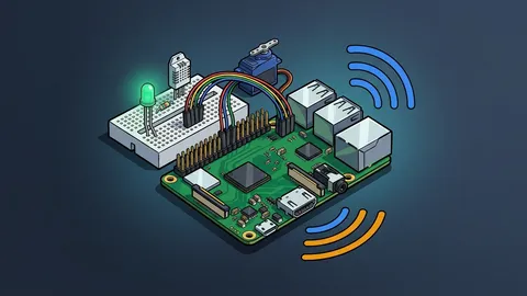 Orthogonale Schautafel eines Mikrocontroller-Boards mit Sensorik, Status-LEDs und gerichteten MQTT-Telemetriedatenströmen zu einem Cloud-Broker