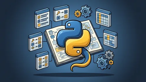 Orthogonal schematic of learning foundational programming in Python, featuring code editor, Python emblem, numerical array processing, and engineering curve output