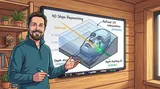 Dr. Georg Hackenberg präsentiert die 3D-Raymarching-Architektur des Parallax Occlusion Mappings am Whiteboard im Almtal Home Office