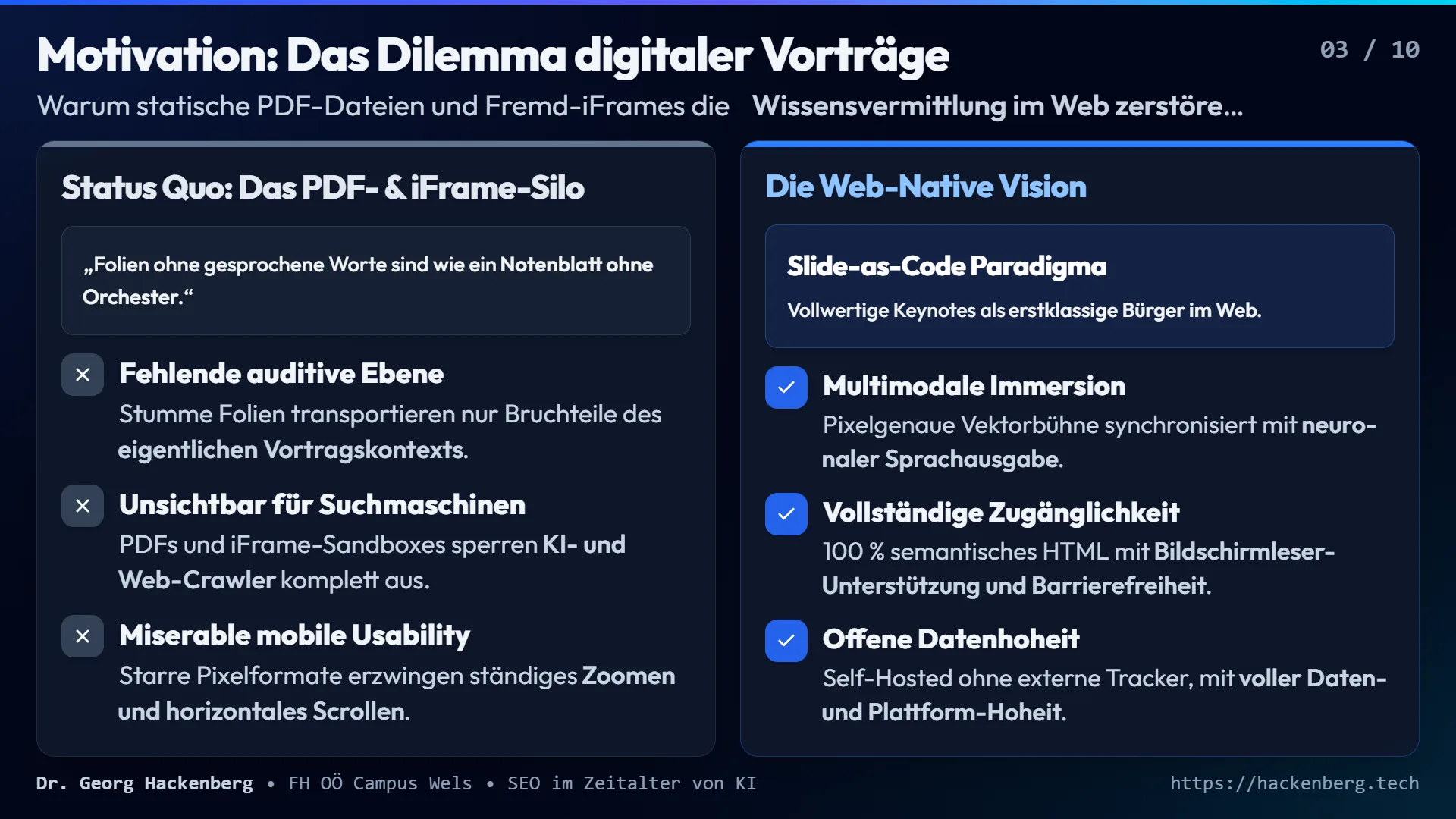 Slide 3: Motivation: Das Dilemma digitaler Vorträge