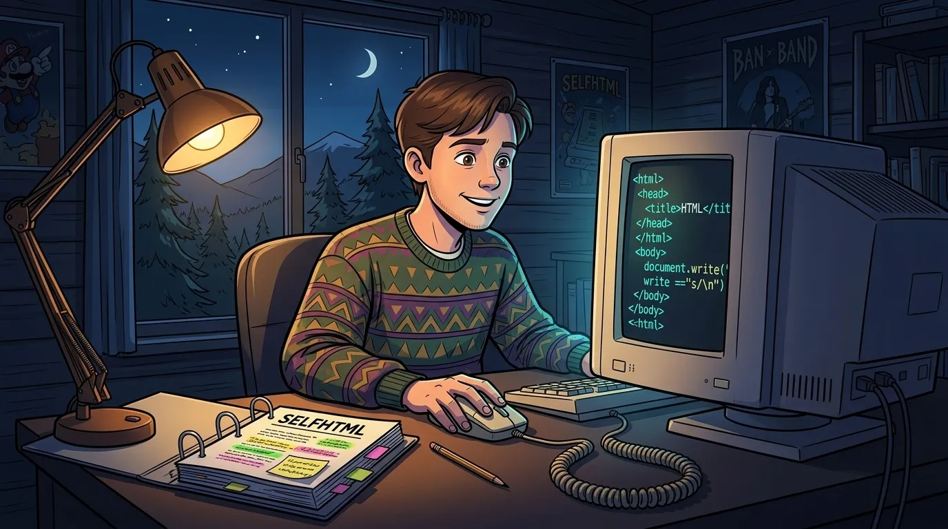 Dr. Georg Hackenberg als Schüler im Jugendzimmer der späten 90er-Jahre vor einem Röhrenmonitor mit SELFHTML
