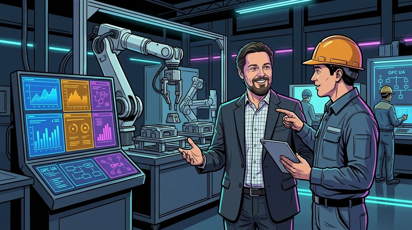 Dr. Georg Hackenberg diskutiert auf dem Fabrik-Shopfloor vor einem Roboterarm mit einem Fertigungsingenieur