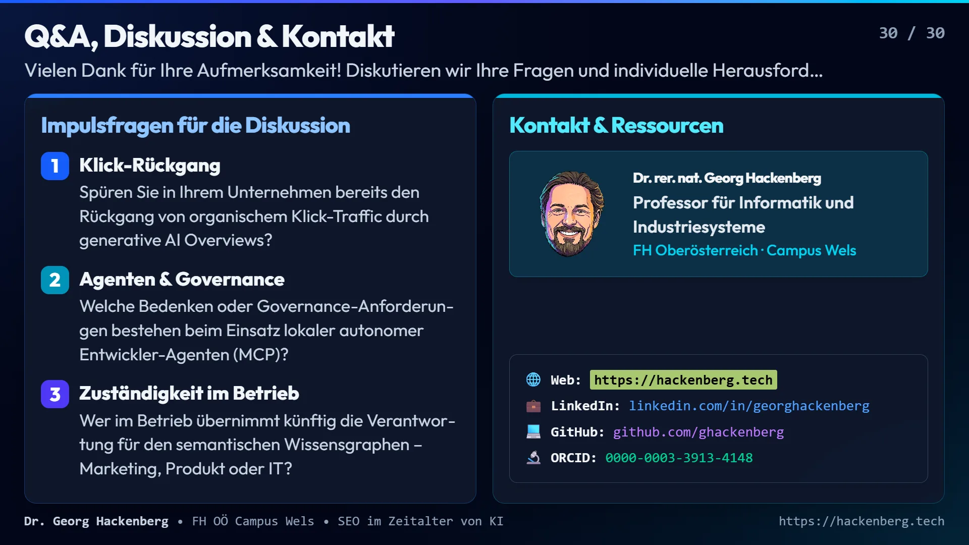 Slide 30: Q&A, Diskussion & Kontakt