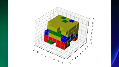 Volumetric coordinate discretization mapping conversational concepts into discrete voxel cells for physical brick placement.