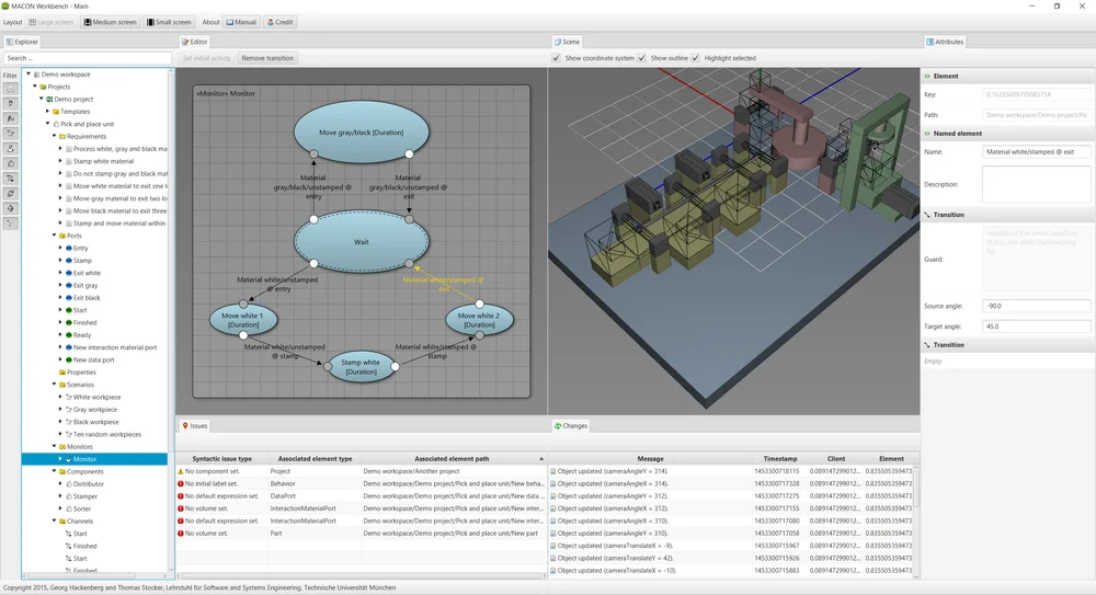 DockFX Spatio-Temporal Systems Workbench: Multi-window IDE layout featuring hierarchical component trees, state machine behavior editors, and 3D geometric visualization.