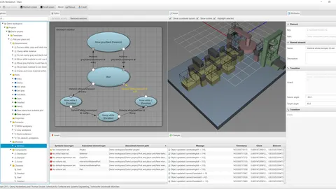 Umfassende DockFX-Entwicklungsumgebung mit Komponenten-Hierarchie, 3D-Geometrieansicht, Zustandsautomaten und Disziplin-Schnittstellen