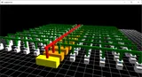 Discrete-event 3D animation showing gantry robot material transport, buffer stations, and machining cells.