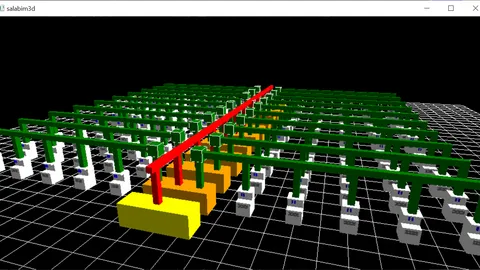 Discrete-event 3D animation showing gantry robot material transport, buffer stations, and machining cells.