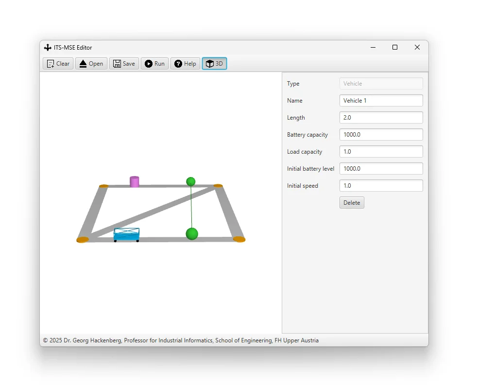 3D Perspective Network Editor: Spatial infrastructure editor allowing visual parameterization of vehicle dimensions, battery capacities, and elevation profiles.