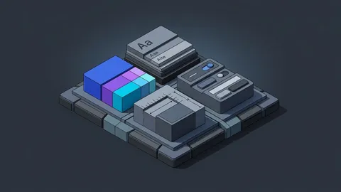 Modulare 3D-Architektur einer Design-System-Engine mit Design-Tokens, Farbpaletten, typografischer Skalierung und UI-Komponenten