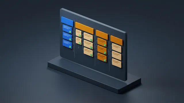 Isometrisches Story-Mapping-Board mit strukturierten User-Story-Spalten, Epic-Hierarchien und verifizierten Akzeptanzkriterien