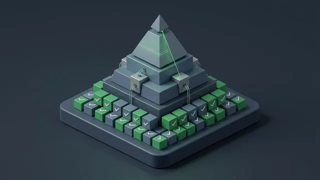 Gestufte 3D-Testpyramide mit Unit-Test-Basis, Integrations-Kopplern und optischem E2E-Prüfstrahl zur Testautomatisierung